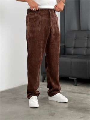 Pileli %100 Kadife Baggy Pantolon Acı Kahve