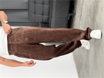 Pileli %100 Kadife Baggy Pantolon Acı Kahve