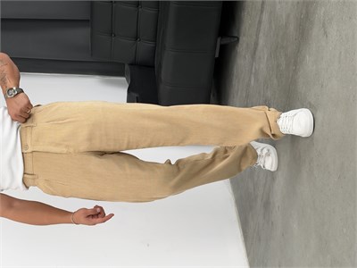 Pileli %100 Kadife Baggy Pantolon Bej