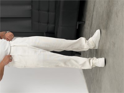 Pileli %100 Kadife Baggy Pantolon Beyaz