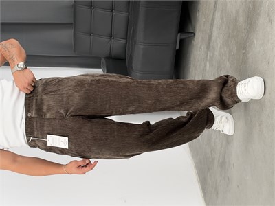 Pileli %100 Kadife Baggy Pantolon Koyu Haki Yeşil