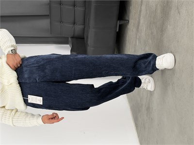 Pileli %100 Kadife Baggy Pantolon Lacivert