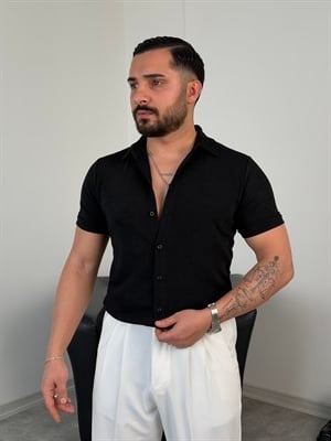 REGULAR FİT DUBLE KOL PAMUK ÖRME KISAKOL GÖMLEK SİYAH