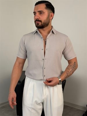 REGULAR FİT DUBLE KOL PAMUK ÖRME KISAKOL GÖMLEK GRİ