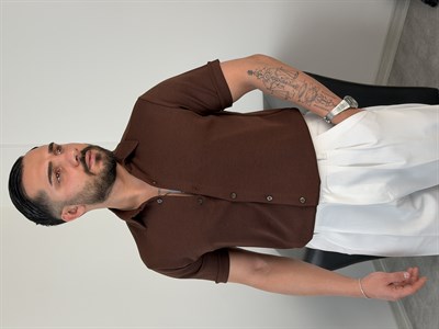 REGULAR FİT DUBLE KOL PAMUK ÖRME KISAKOL GÖMLEK ACI KAHVE