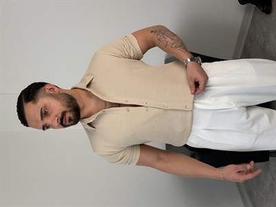 REGULAR FİT DUBLE KOL PAMUK ÖRME KISAKOL GÖMLEK BEJ