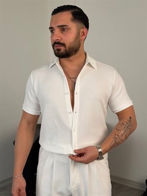 REGULAR FİT DUBLE KOL PAMUK ÖRME KISAKOL GÖMLEK BEYAZ