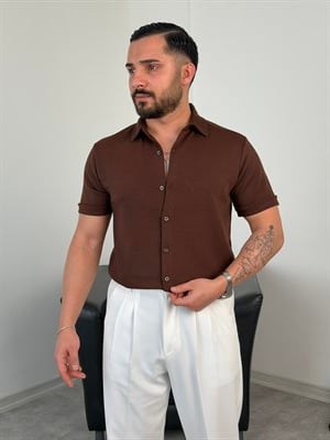 REGULAR FİT DUBLE KOL PAMUK ÖRME KISAKOL GÖMLEK ACI KAHVE