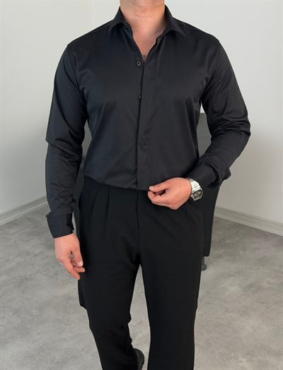 REGULAR FİT KLASİK POPLİN GÖMLEK SİYAH