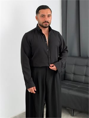 Regular Kalıp Dabıl Kumaş Uzunkol Gömlek Siyah