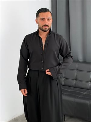 Regular Kalıp Dabıl Kumaş Uzunkol Gömlek Siyah