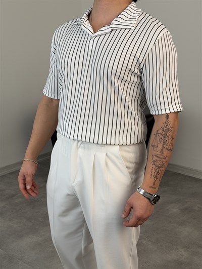 RENKLİ FİTİLLİ POLO YAKA OVERSİZE TİŞÖRT BEYAZ