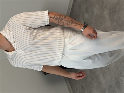 RENKLİ FİTİLLİ POLO YAKA OVERSİZE TİŞÖRT BEJ