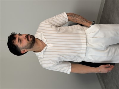 RENKLİ FİTİLLİ POLO YAKA OVERSİZE TİŞÖRT BEJ