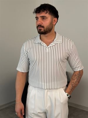 RENKLİ FİTİLLİ POLO YAKA OVERSİZE TİŞÖRT BEYAZ