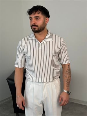 RENKLİ FİTİLLİ POLO YAKA OVERSİZE TİŞÖRT KAHVERENGİ