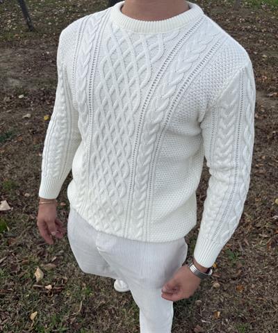 SAÇ ÖRGÜ BİSİKLET YAKA KALIN TRİKO BEYAZ