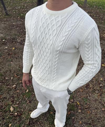 SAÇ ÖRGÜ BİSİKLET YAKA KALIN TRİKO BEYAZ