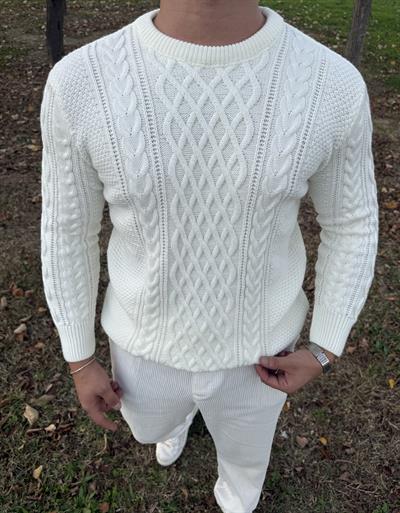 SAÇ ÖRGÜ BİSİKLET YAKA KALIN TRİKO BEYAZ