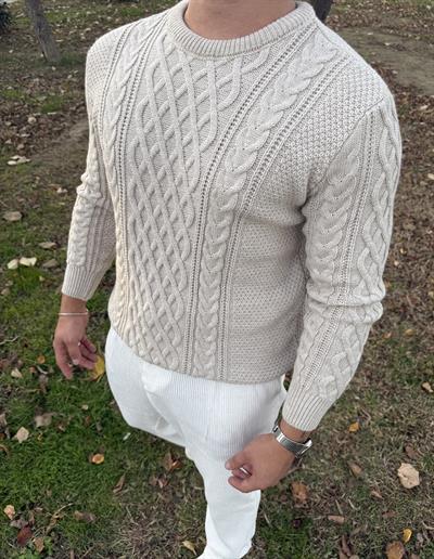 SAÇ ÖRGÜ BİSİKLET YAKA KALIN TRİKO KREM