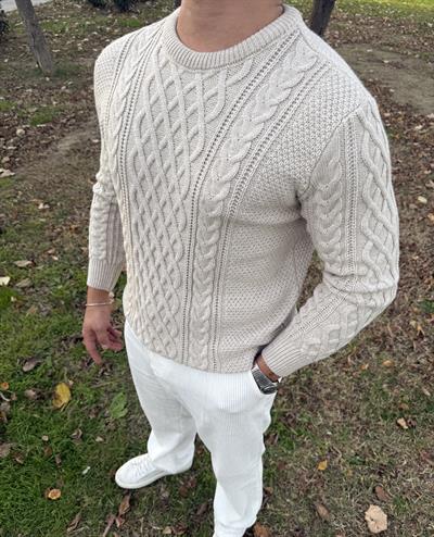 SAÇ ÖRGÜ BİSİKLET YAKA KALIN TRİKO KREM