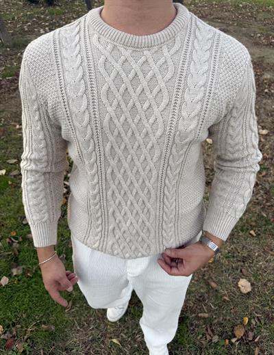 SAÇ ÖRGÜ BİSİKLET YAKA KALIN TRİKO KREM