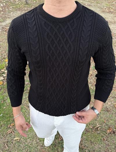 SAÇ ÖRGÜ BİSİKLET YAKA KALIN TRİKO SİYAH