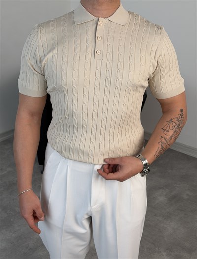 SAÇ ÖRGÜ POLO YAKA DÜĞMELİ TRİKO TİŞÖRT BEJ