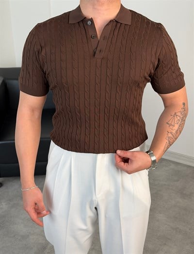 SAÇ ÖRGÜ POLO YAKA DÜĞMELİ TRİKO TİŞÖRT ACI KAHVE