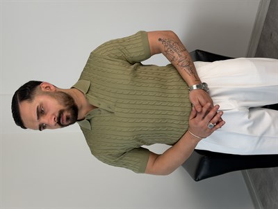 SAÇ ÖRGÜ POLO YAKA DÜĞMELİ TRİKO TİŞÖRT ÇAĞLA YEŞİLİ