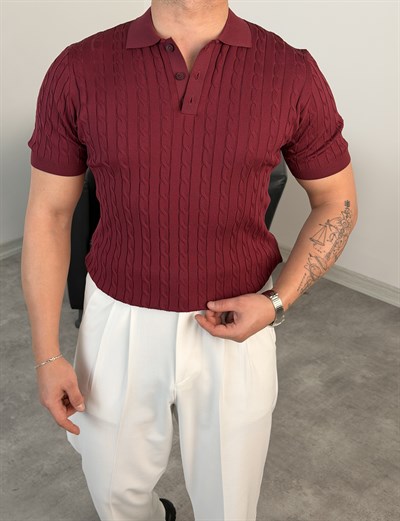 SAÇ ÖRGÜ POLO YAKA DÜĞMELİ TRİKO TİŞÖRT MÜRDÜM