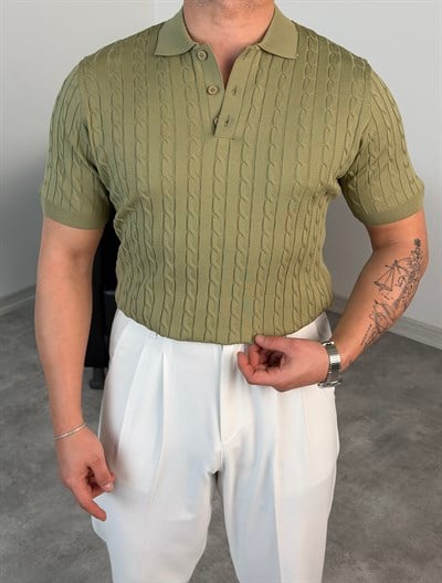 SAÇ ÖRGÜ POLO YAKA DÜĞMELİ TRİKO TİŞÖRT ÇAĞLA YEŞİLİ