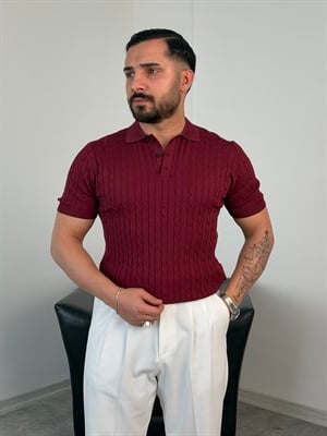 SAÇ ÖRGÜ POLO YAKA DÜĞMELİ TRİKO TİŞÖRT MÜRDÜM