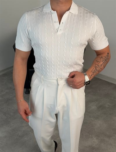 SAÇ ÖRGÜ POLO YAKA DÜĞMELİ TRİKO TİŞÖRT BEYAZ