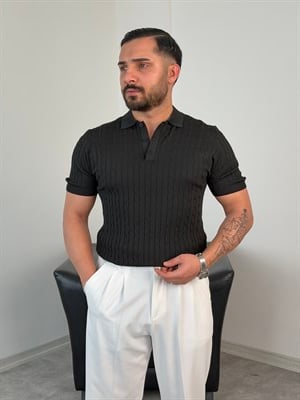 SAÇ ÖRGÜ POLO YAKA DÜĞMELİ TRİKO TİŞÖRT SİYAH