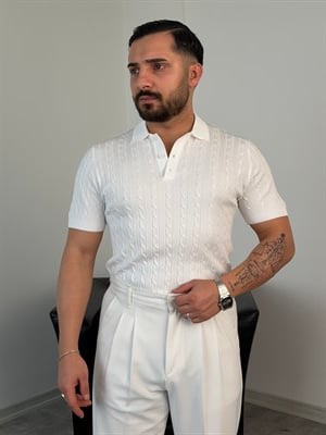 SAÇ ÖRGÜ POLO YAKA DÜĞMELİ TRİKO TİŞÖRT BEYAZ