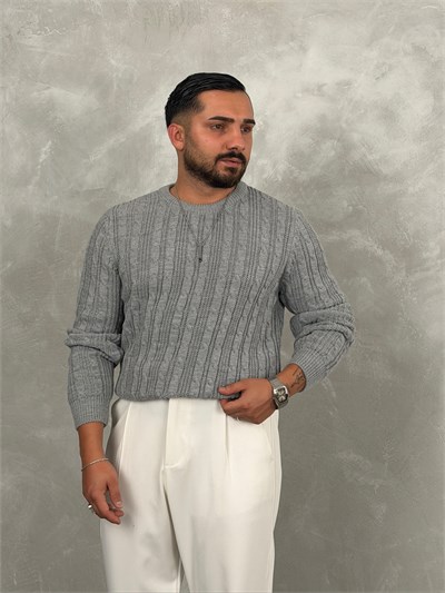 Saç Örgü Premium Bisiklet Yaka Sweatshirt Gri