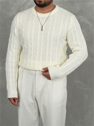 Saç Örgü Premium Bisiklet Yaka Sweatshirt Beyaz