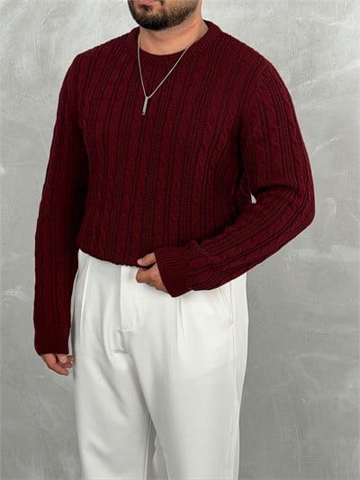 Saç Örgü Premium Bisiklet Yaka Sweatshirt Bordo