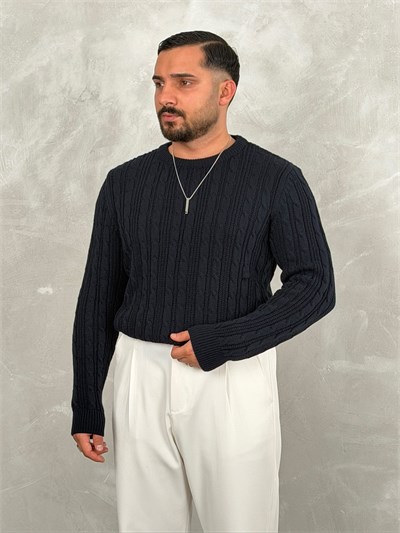 Saç Örgü Premium Bisiklet Yaka Sweatshirt Lacivert