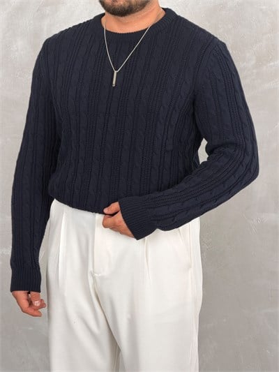 Saç Örgü Premium Bisiklet Yaka Sweatshirt Lacivert