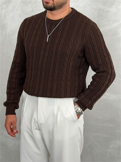 Saç Örgü Premium Bisiklet Yaka Sweatshirt Acı Kahve
