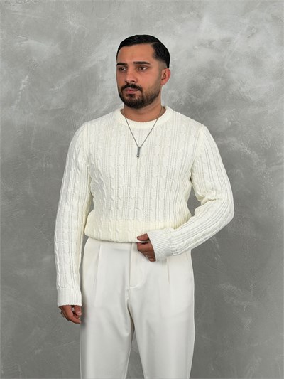 Saç Örgü Premium Bisiklet Yaka Sweatshirt Beyaz