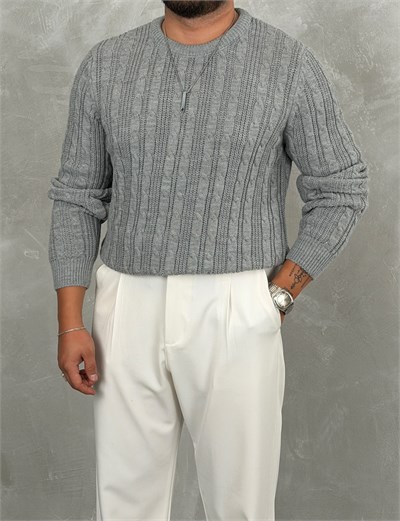Saç Örgü Premium Bisiklet Yaka Sweatshirt Gri