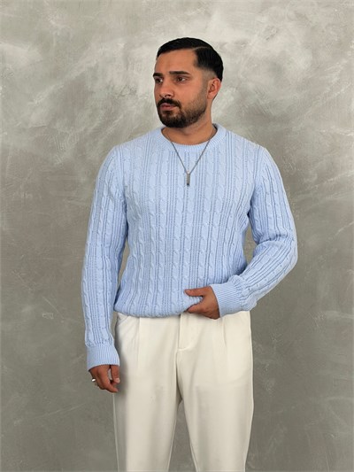 Saç Örgü Premium Bisiklet Yaka Sweatshirt Bebe Mavi