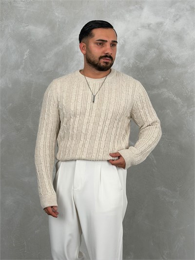 Saç Örgü Premium Bisiklet Yaka Sweatshirt Bej