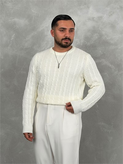 Saç Örgü Premium Bisiklet Yaka Sweatshirt Beyaz