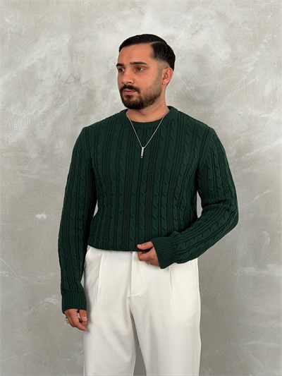 Saç Örgü Premium Bisiklet Yaka Sweatshirt Zümrüt Yeşili