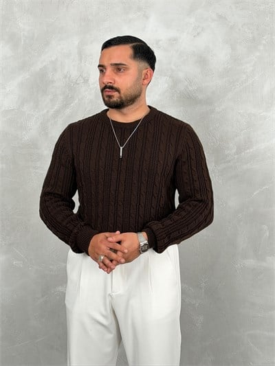 Saç Örgü Premium Bisiklet Yaka Sweatshirt Acı Kahve