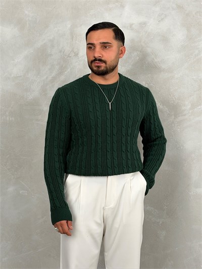 Saç Örgü Premium Bisiklet Yaka Sweatshirt Zümrüt Yeşili